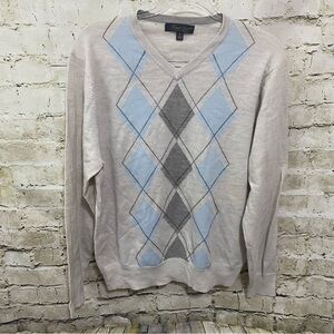 Garrett Scott Gray Blue 100% Merino Wool V Neck Argyle Knit Sweater